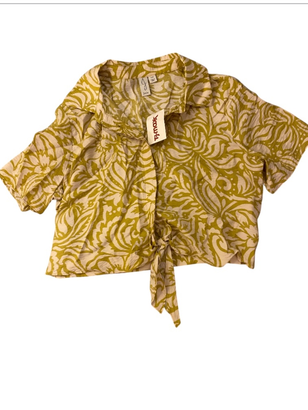 Joie Tie-Front Crop Button Shirt in Mustard & Cream NWT Size small